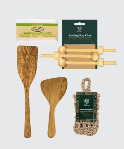Ergonomic handcarved spatula, sealing clip, soap saver and dish soap giftset.